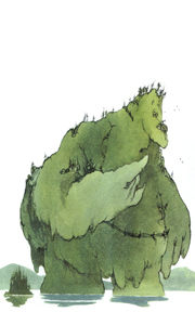 Jätten Jorm: Är hög som ett fjäll, har granskog som hår och en stuga på näsan. Han älskar att bada!