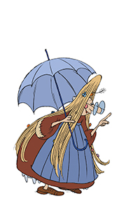 Blomhåret: Kan flyga med hjälp av sitt förtrollade paraply, och hon kan tala med vattenfall som porlar och dånar.