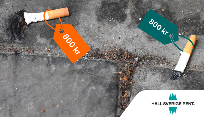 Två cigarettfimpar ligger på marken. Logga på bilden: Håll Sverige rent.
