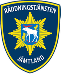 Blå sköld med texten Räddningstjänsten Jämtland. Logotyp.
