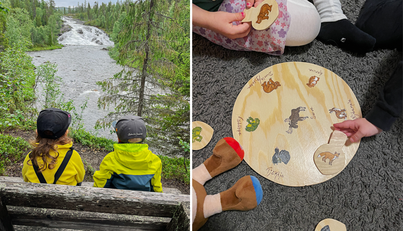 Kollage med två bilder. Två barn sitter tillsammans i skogen. Barn spelar ett samiskt spel.