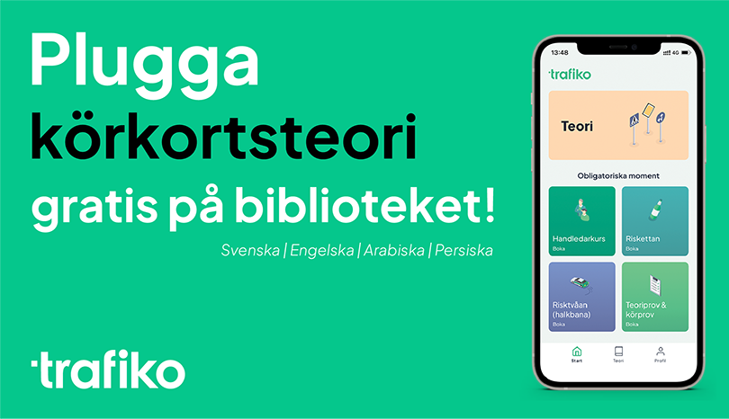 Tecknad telefon med texten: Plugga körkortsteori gratis på biblioteket