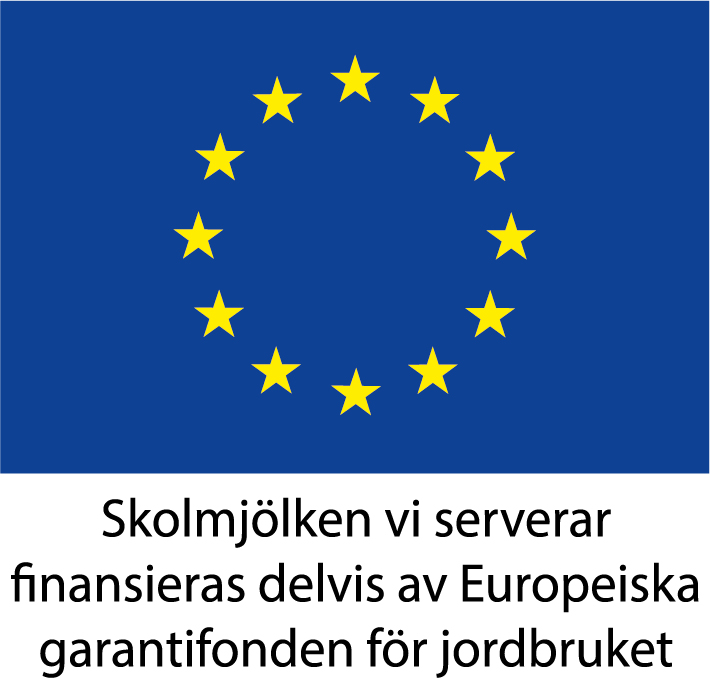 Eu-flagga+texten: Skolmjölken vi serverar finansieras delvis av Europeiska grantifonden för jordbruket.
