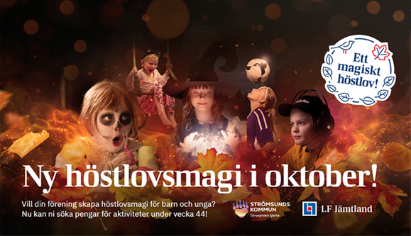 Barn utklädda till olika spöken+texten Ett magiskt höstlov.