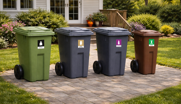 Fyra soptunnor som står på en tegelgång.