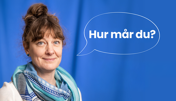 Glad kvinna. Pratbubbla med texten: Hur mår du?