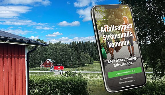 Sopbil på landsbygd+mobilapp.