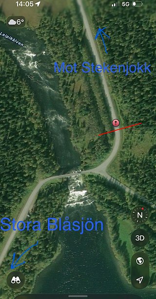Skärmklipp av karta som visar att vägen stängs av mellan Stora Blåsjön och Stekenjokk. 